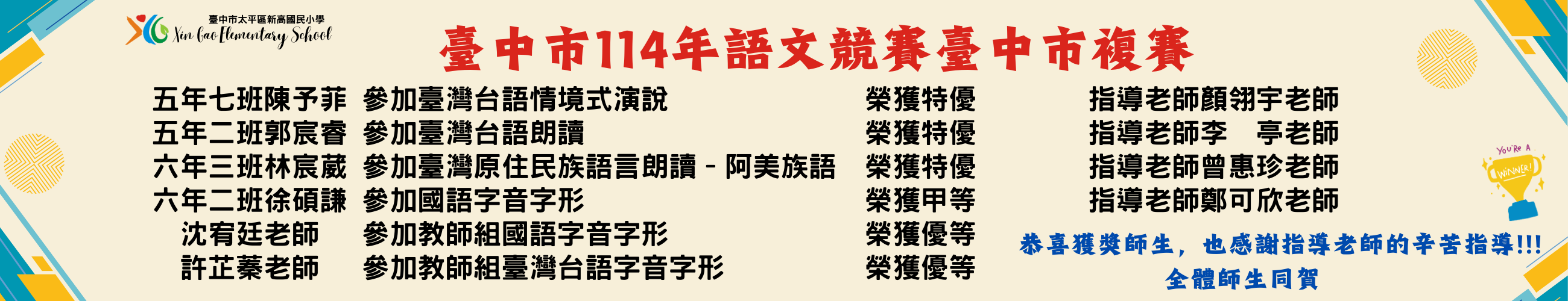 臺中市114年語文競賽複賽得獎名單